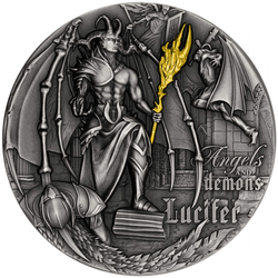 Niue: Angels and Demons - Lucifer pozłacany 2 uncje Srebra 2021 High Relief Antiqued Coin