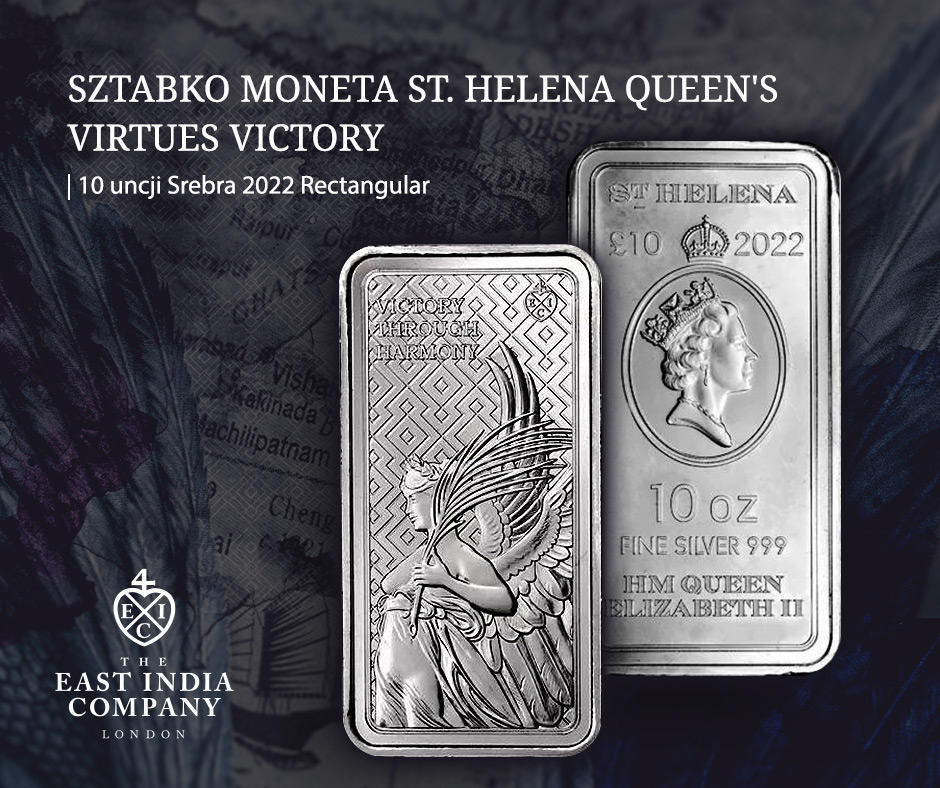 Sztabko Moneta St. Helena Queen's Virtues Victory 10 uncji Srebra  The East India Company London2022 Rectangular