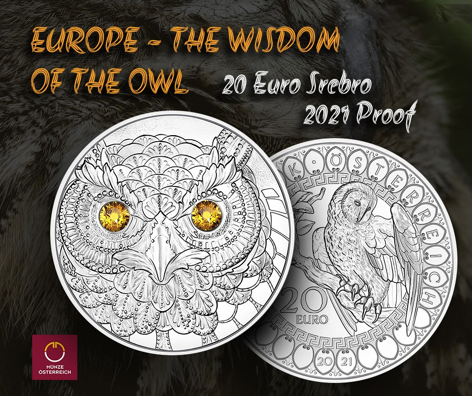 Europe - The wisdom of the Owl 20 Euro Srebro 2021 Proof <