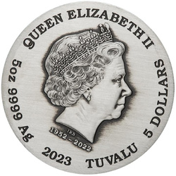 Tuvalu: Phoenix and Birds kolorowany 5 uncji Srebra 2023 Antiqued Coin