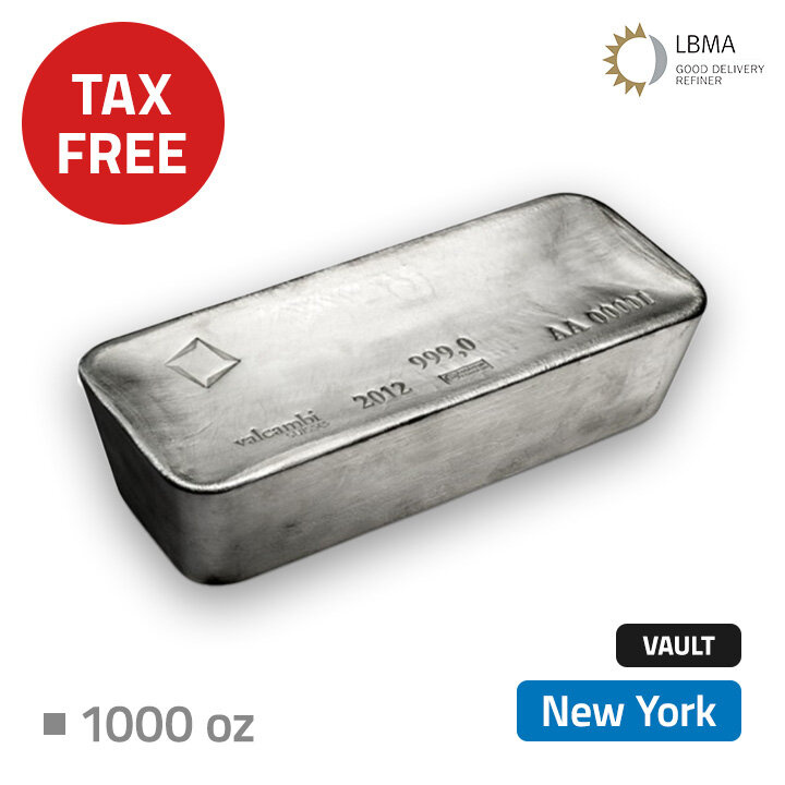 Srebro Inwestycyjne 1000 uncji LBMA przechowywane w bezcłowym magazynie w Nowym Jorku (Loomis) 