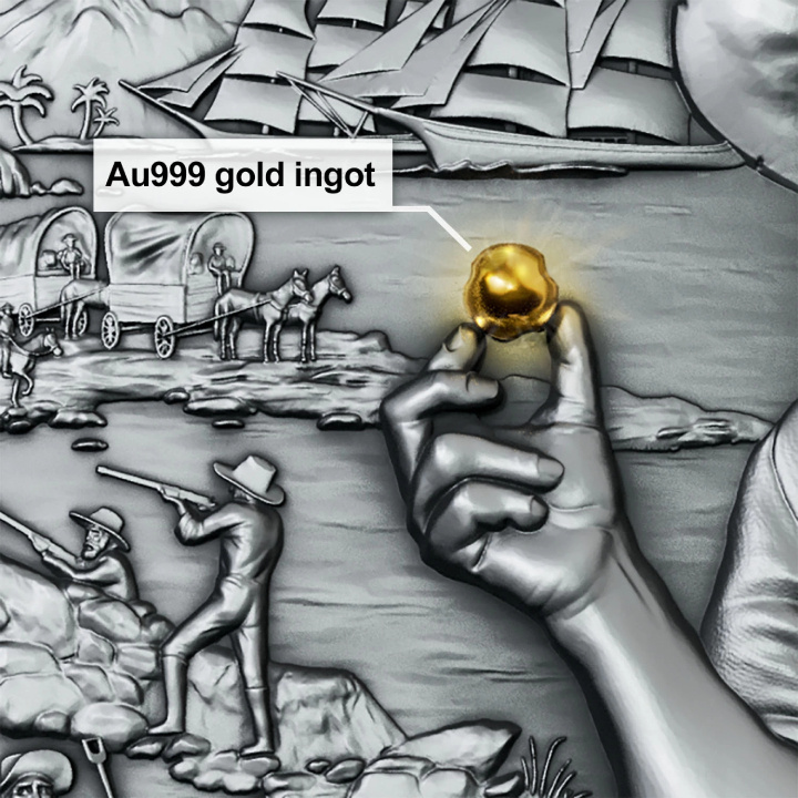 Liberia: California Gold Rush pozłacana $5 Srebro 2025 High Relief Antiqued Coin