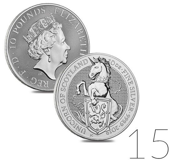 Bestie Królowej: Jednorożec Szkocji 10 uncji Srebra 2019 PAKIET 15 SZTUK