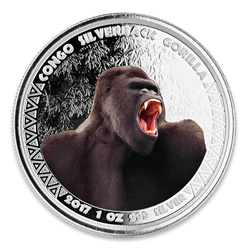 Congo: Goryl srebrnogrzbiety kolorowany 1 uncja Srebra 2017 Proof