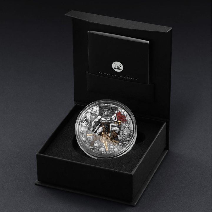 Cameroon: Barbarian King pozłacany 2 uncje Srebra 2025 Antiqued Coin