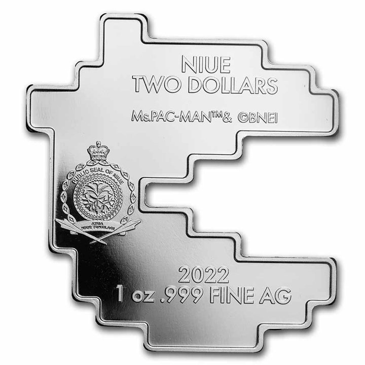 Niue: Ms.PAC-MAN kolorowany 1 uncja Srebra 2022 Proof Shaped Coin