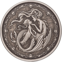 Samoa: Mermaid Mother & Daughter 1 uncja Srebra 2023 Antiqued Coin