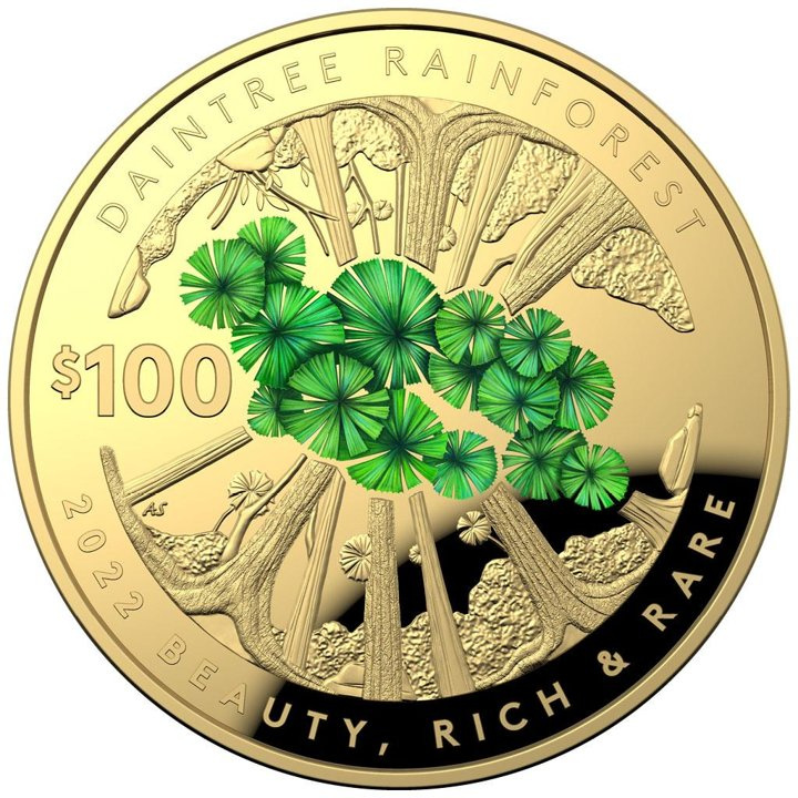 Beauty, Rich & Rare: Daintree Rainforest kolorowany 1 uncja Złota 2022 Proof Domed Coin