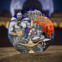 Niue: Aladdin & the Wonderful Lamp kolorowany/pozłacany 2 uncje Srebra 2025 Antiqued Coin