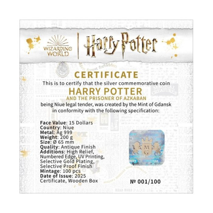 Niue: Harry Potter i Więzień Azkabanu 200 g Srebra 2025 High Relief Antiqued Coin