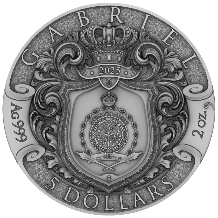 Niue: Gabriel kolorowany/pozłacany 2 uncje Srebra 2025 Antiqued Coin