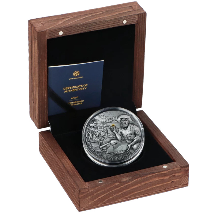 Liberia: California Gold Rush pozłacana $5 Srebro 2025 High Relief Antiqued Coin