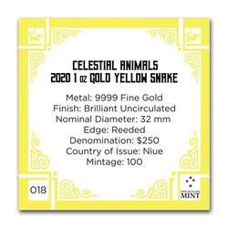 Niue: Niebiańskie Zwierzęta - Zielony Wąż 1 uncja Złota 2020