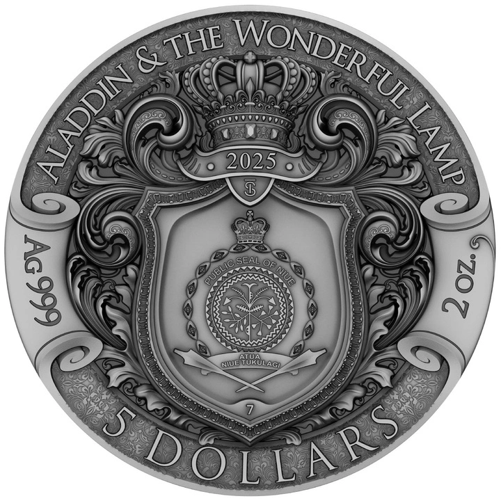 Niue: Aladdin & the Wonderful Lamp kolorowany/pozłacany 2 uncje Srebra 2025 Antiqued Coin
