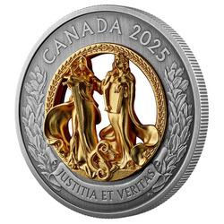 Canada: Allegories of Justice and Truth pozłacany $50 Srebro 2025 Antiqued Coin