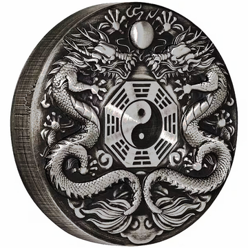 Tuvalu: Double Dragon kolorowany 2 uncje Srebra 2019 Antiqued Coin