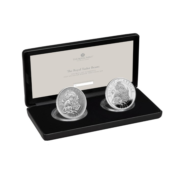 Zestaw 2 monet The Royal Tudor Beasts: The Bull of Clarence 2 x 1 uncja Srebra 2023 Proof