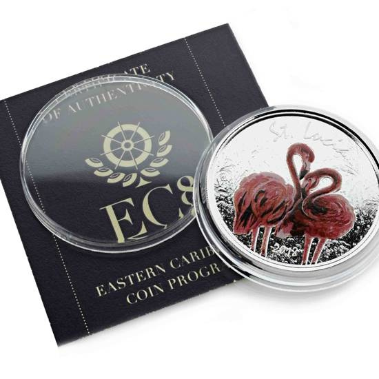 St. Lucia: Flamingo kolorowany 1 oz Silver 2018 Proof