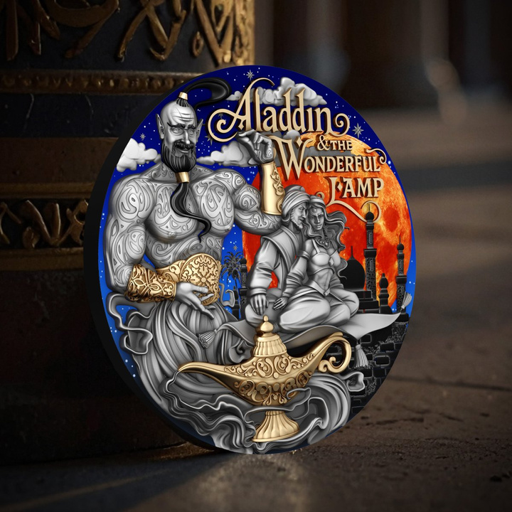 Niue: Aladdin & the Wonderful Lamp kolorowany/pozłacany 2 uncje Srebra 2025 Antiqued Coin