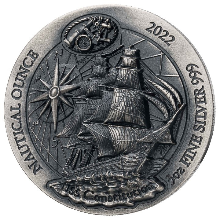 Rwanda: Nautical Ounce - USS Constitution 3 uncje Srebra 2022 Antique Finish
