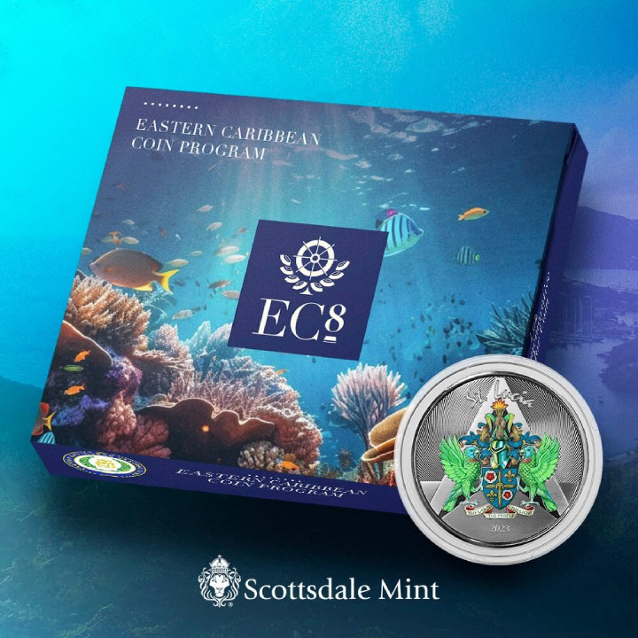 St. Lucia - Coat of Arms kolorowany 1 uncja Srebra 2023 Proof