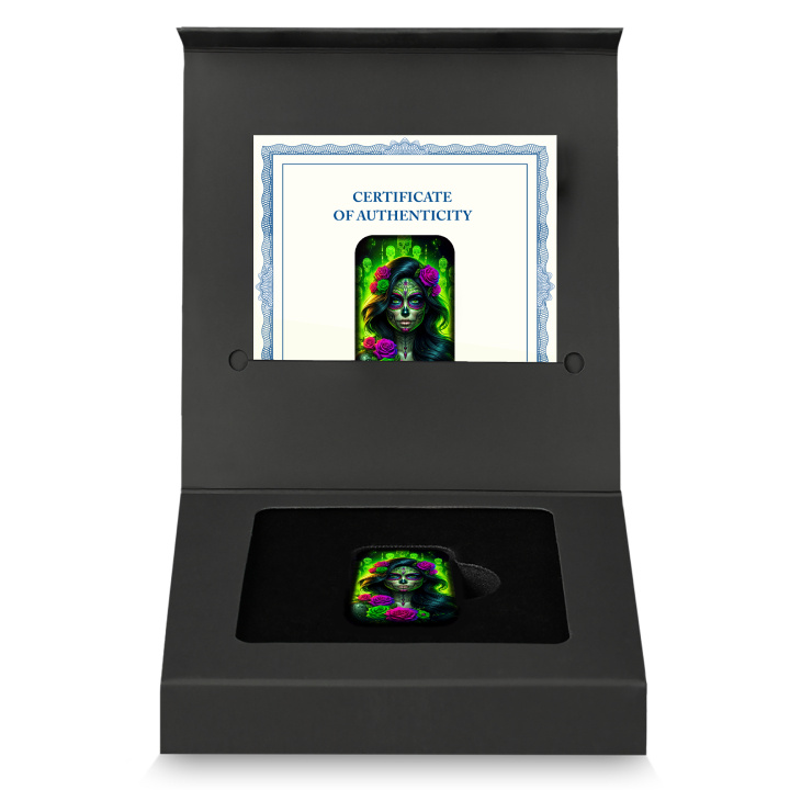 Sztabka Asturmint: Dia de los Muertos "Radioactive Catrina" kolorowana 2 uncje Srebra 2025 Antique Finish