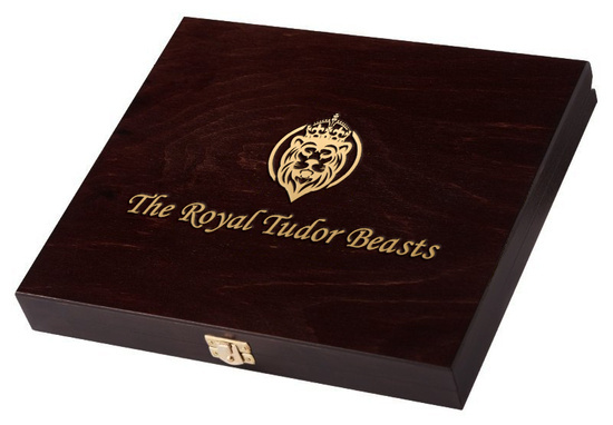 Drewniana kaseta The Royal Tudor Beasts 10 monet x 1/4 uncji Złota