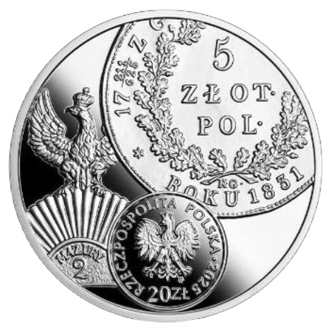 Historia Monety Polskiej - 5 Złotych z Okresu Powstania Listopadowego 20 zł Srebro 2025 Proof Folder/Etui