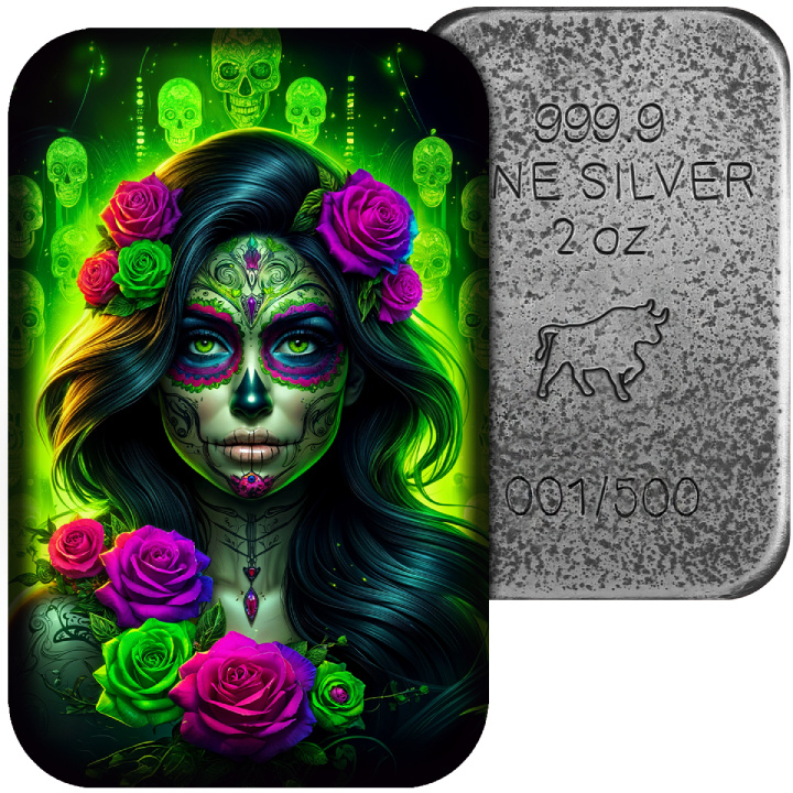 Sztabka Asturmint: Dia de los Muertos "Radioactive Catrina" kolorowana 2 uncje Srebra 2025 Antique Finish
