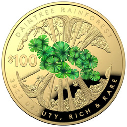 Beauty, Rich & Rare: Daintree Rainforest kolorowany 1 uncja Złota 2022 Proof Domed Coin