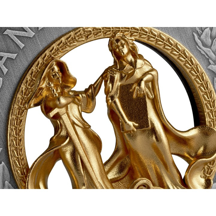 Canada: Allegories of Justice and Truth pozłacany $50 Srebro 2025 Antiqued Coin