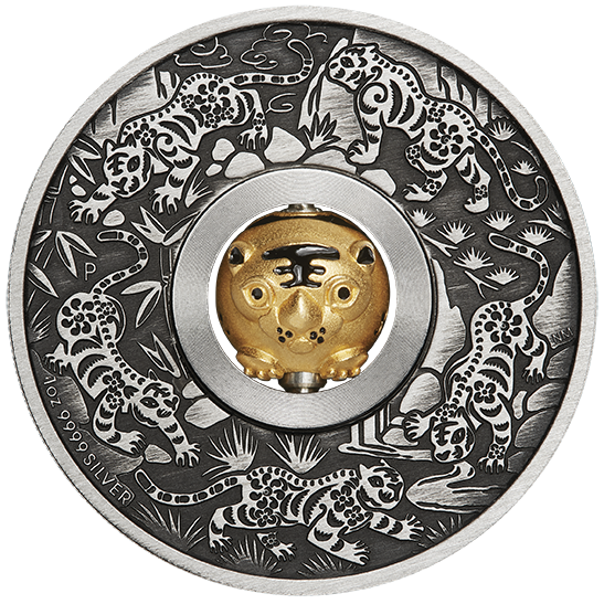 Tuvalu: Lunar III - Rok Tygrysa 1 uncja Srebra 2022 Rotating Charm Antiqued Coin