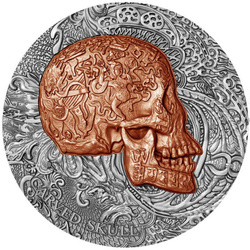 Cameroon: Carved Skull Bones 1 uncja Srebra 2017 Antiqued Coin