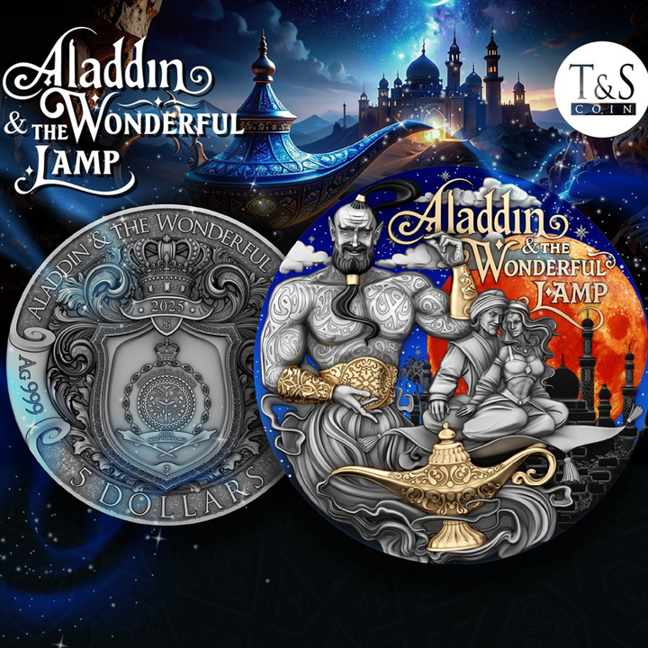 Niue: Aladdin & the Wonderful Lamp kolorowany/pozłacany 2 uncje Srebra 2025 Antiqued Coin