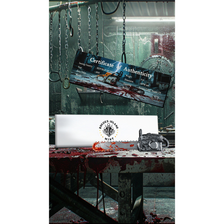 Ghana: Bloody Chainsaw kolorowany 2 uncje Srebra 2025 Antiqued Shaped Coin