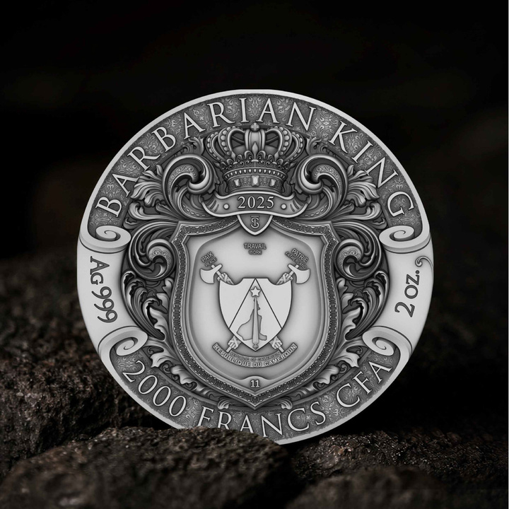 Cameroon: Barbarian King pozłacany 2 uncje Srebra 2025 Antiqued Coin