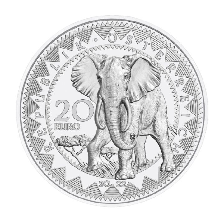 Africa - The Serenity of the Elephant 20 Euro Srebro 2022 Proof