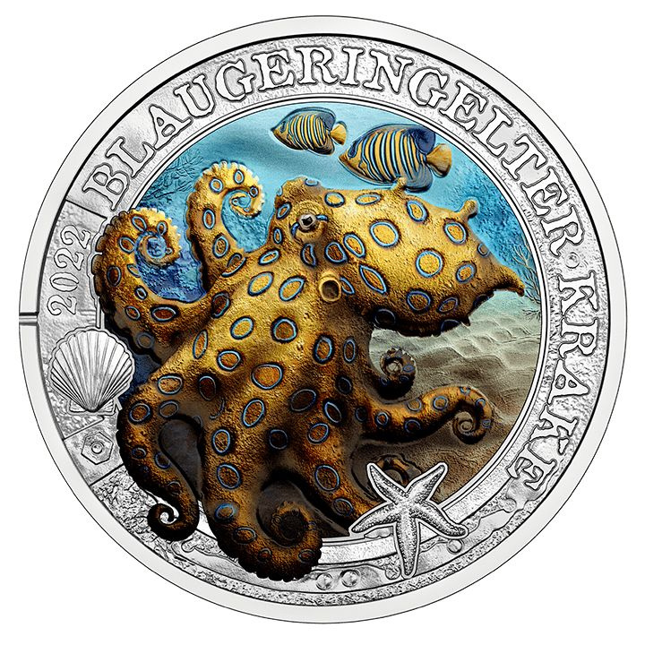 Blue-Ringed Octopus kolorowany 3 Euro Miedź 2022