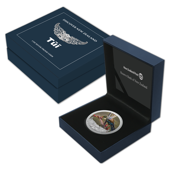 Discover New Zealand: Tui kolorowany 1 uncja Srebra 2021 Proof