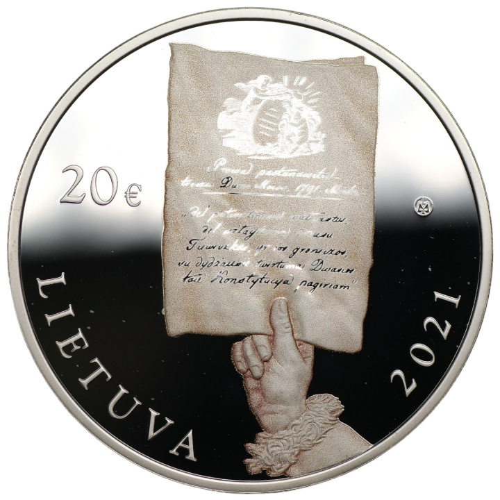 Litwa: 230. rocznica Konstytucji 3 Maja kolorowana 20 euro Srebro 2021 Proof + certyfikat