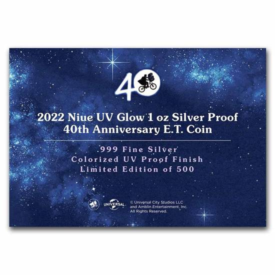 Niue: E.T. kolorowany - 40. rocznica filmu 1 uncja Srebra 2022 UV Glow Proof (Prostokątne opakowanie)