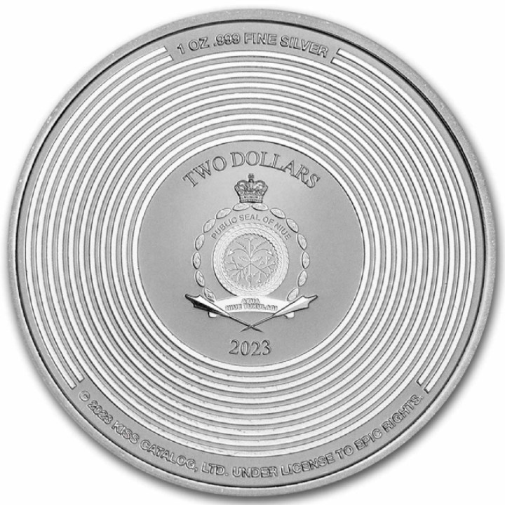 Niue: KISS 50th Anniversary kolorowany 1 uncja Srebra 2023 Slab