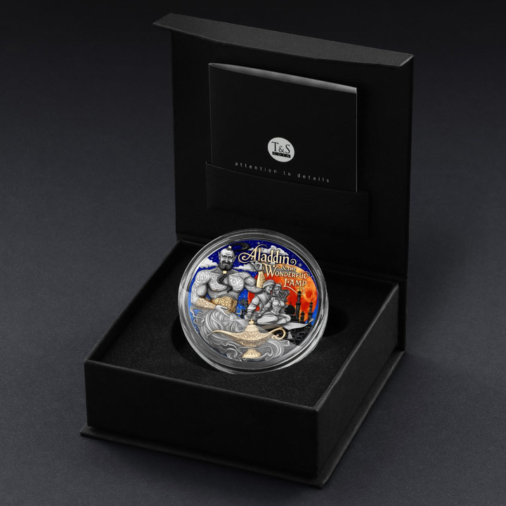 Niue: Aladdin & the Wonderful Lamp kolorowany/pozłacany 2 uncje Srebra 2025 Antiqued Coin