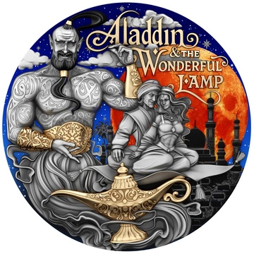 Niue: Aladdin & the Wonderful Lamp kolorowany/pozłacany 2 uncje Srebra 2025 Antiqued Coin