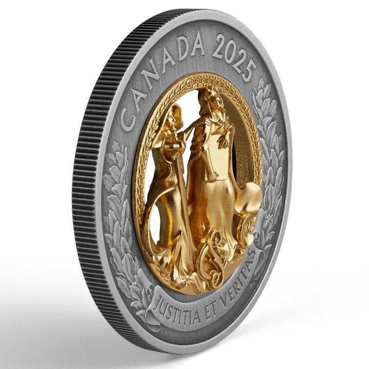 Canada: Allegories of Justice and Truth pozłacany $50 Srebro 2025 Antiqued Coin