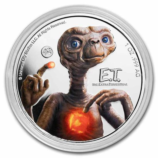 Niue: E.T. kolorowany - 40. rocznica filmu 1 uncja Srebra 2022 UV Glow Proof (Metalowe opakowanie)