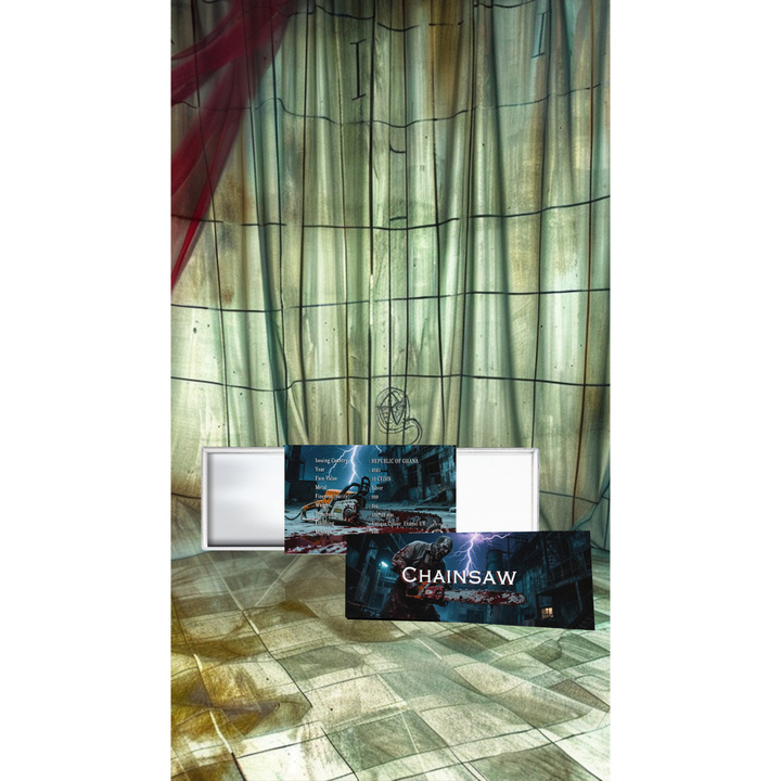 Ghana: Bloody Chainsaw kolorowany 2 uncje Srebra 2025 Antiqued Shaped Coin