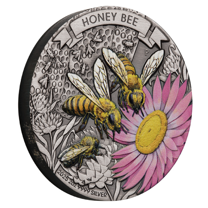 Australia: Honey Bee kolorowany 2 uncje Srebra 2025 Antiqued Coin