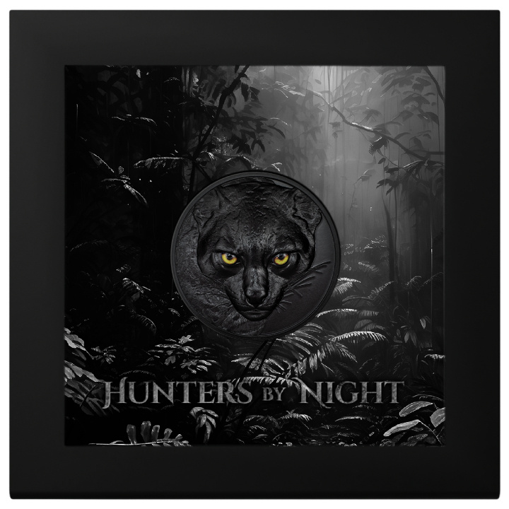 Palau: Hunters by Night - Ocelot kolorowany 2 uncje Srebra 2024 Obsidian Black