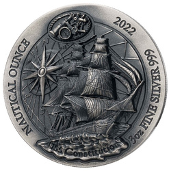 Rwanda: Nautical Ounce - USS Constitution 3 uncje Srebra 2022 Antique Finish